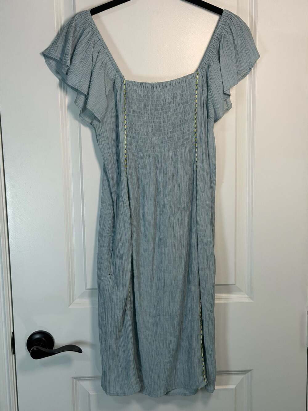 Kut From The Kloth Blue Striped Smocked Off-The-Shoulder Ruffle Sleeve Dress